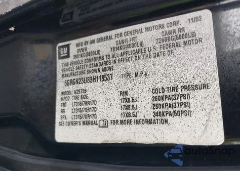 2003 Hummer H2 z USA, uszkodzony, nr VIN 5GRGN23U83H118537